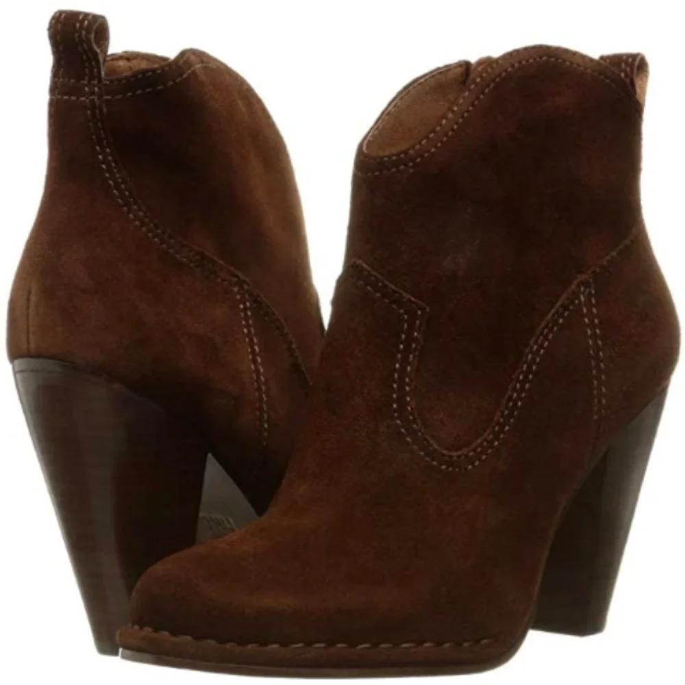 Frye Madeline Short Dark Brown Suede Zip Up Southwestern Heeled Pointy AnkleBoot - Picture 4 of 16